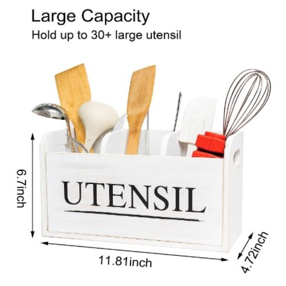 XL Farmhouse White Wooden Kitchen Utensil Holder - Cooking Utensil Organizer - Picture 2 of 16